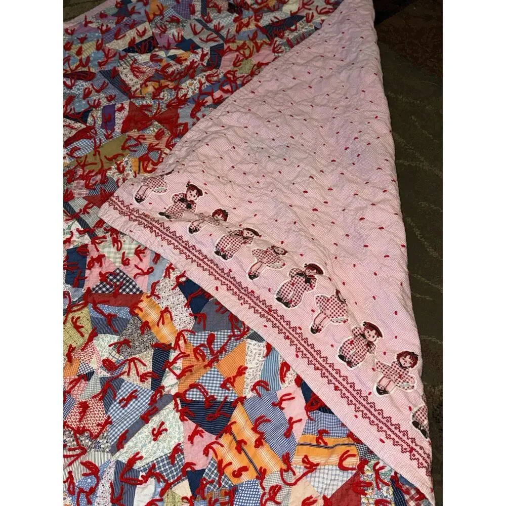 Vintage Patchwork Quilt Folk Art Colorful Scrap Granny Tied - Picture 4 of 15